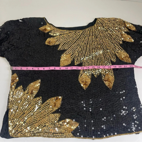 CeeCee Silk Blouse Womens Medium Black Gold Bead Sequin Formal VTG - Picture 8 of 8